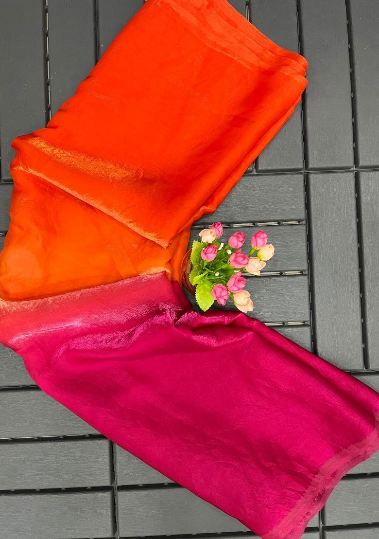 Orange Two-Tone Silk Blend Saree Set - Indya