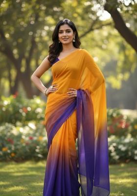 Yellow Two-Tone Silk Blend Saree Set