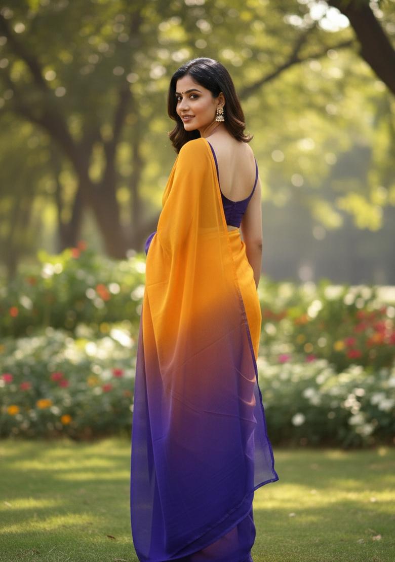 Yellow Two-Tone Silk Blend Saree Set - Indya