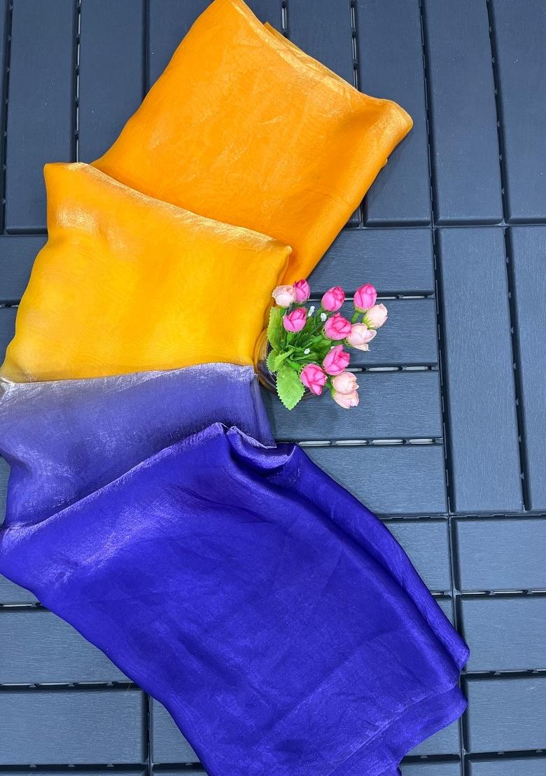 Yellow Two-Tone Silk Blend Saree Set - Indya