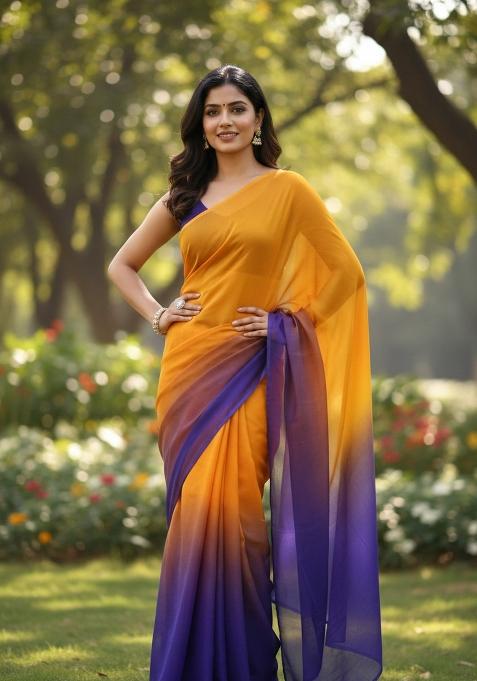 Yellow Two-Tone Silk Blend Saree Set