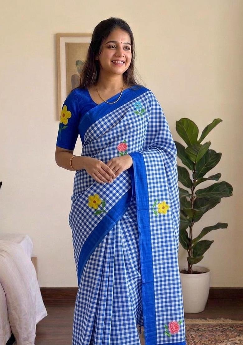 Blue Printed Cotton Saree Set - Indya