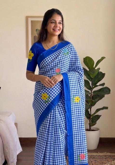 Blue Printed Cotton Saree Set
