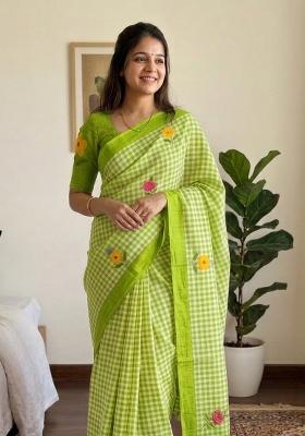 Green Printed Cotton Saree Set