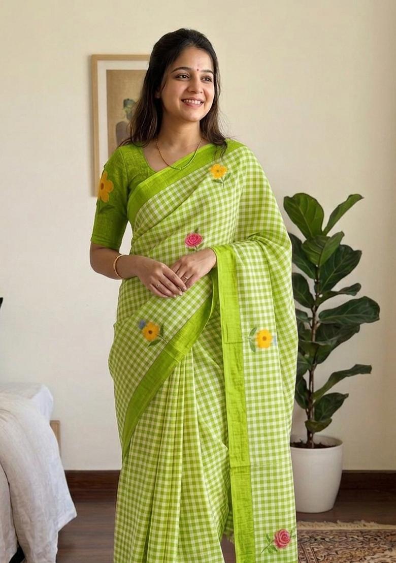 Green Printed Cotton Saree Set - Indya