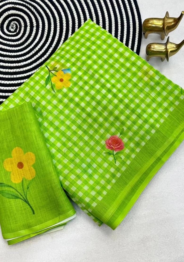 Green Printed Cotton Saree Set - Indya