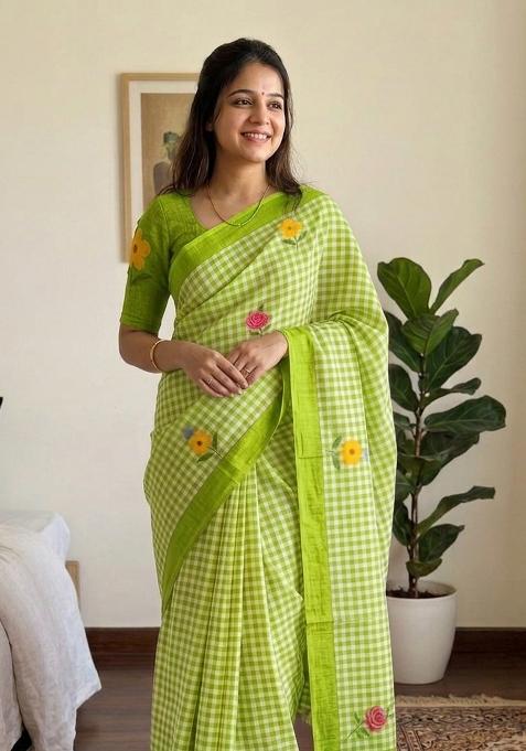 Green Printed Cotton Saree Set