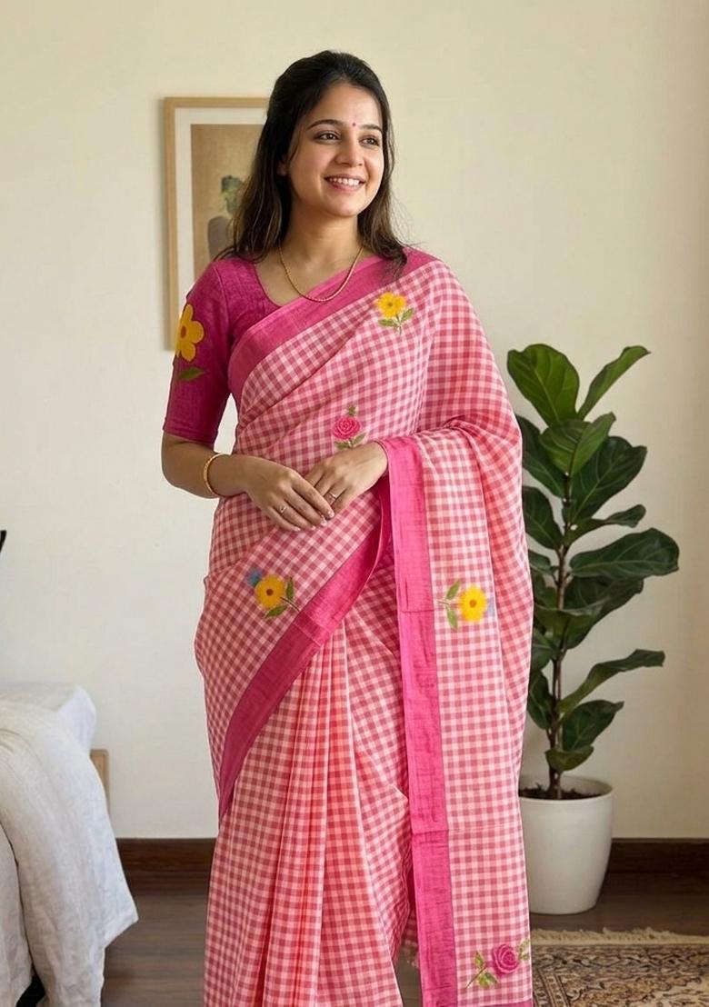 Pink Printed Cotton Saree Set - Indya