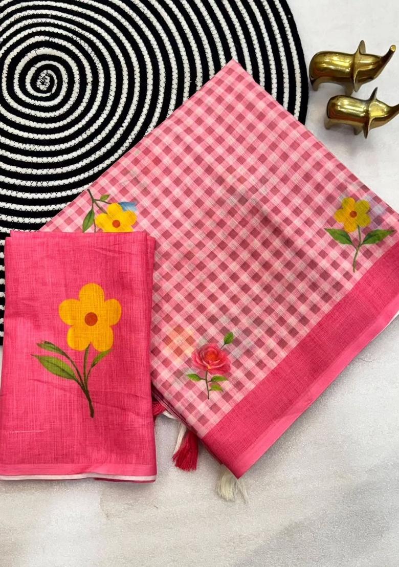 Pink Printed Cotton Saree Set - Indya