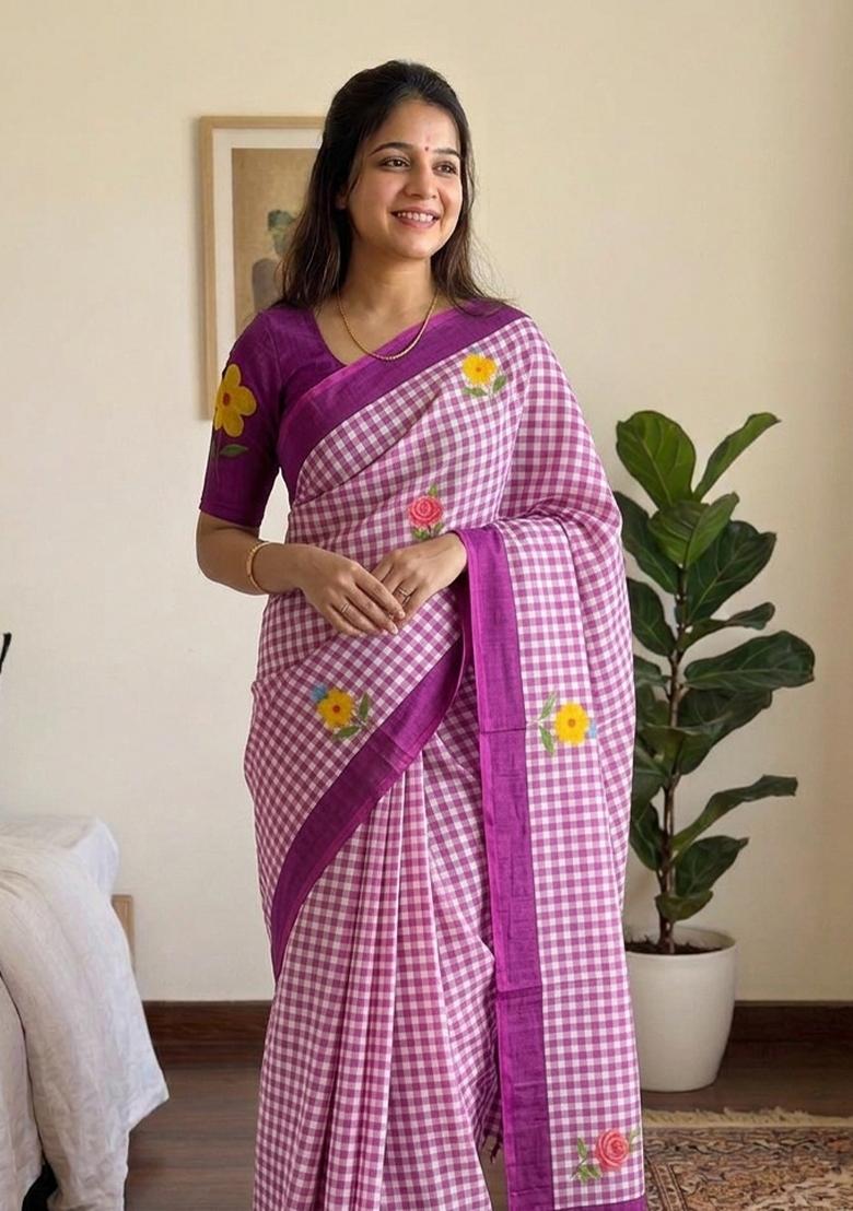 Purple Printed Cotton Saree Set - Indya