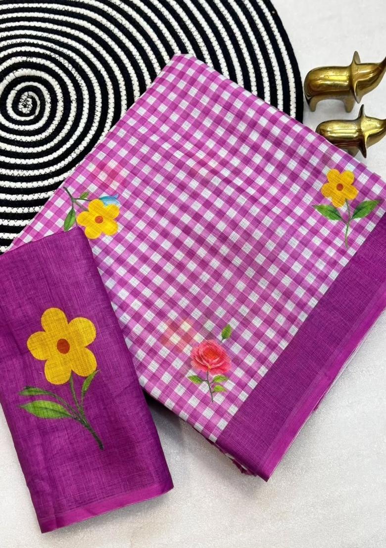 Purple Printed Cotton Saree Set - Indya