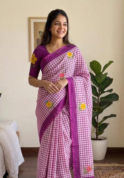 Purple Printed Cotton Saree Set