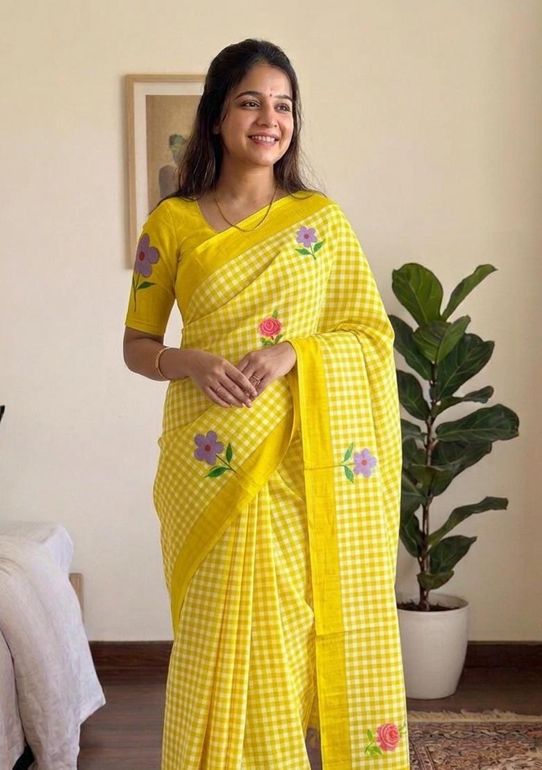 Yellow Printed Cotton Saree Set - Indya
