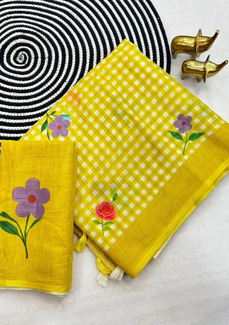 Yellow Printed Cotton Saree Set - Indya