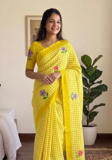 Yellow Printed Cotton Saree Set