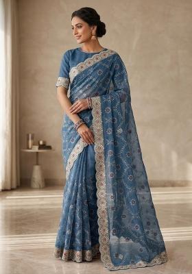 Blue Embroidered Silk Blend Saree Set