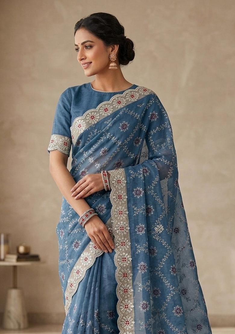Blue Embroidered Silk Blend Saree Set - Indya