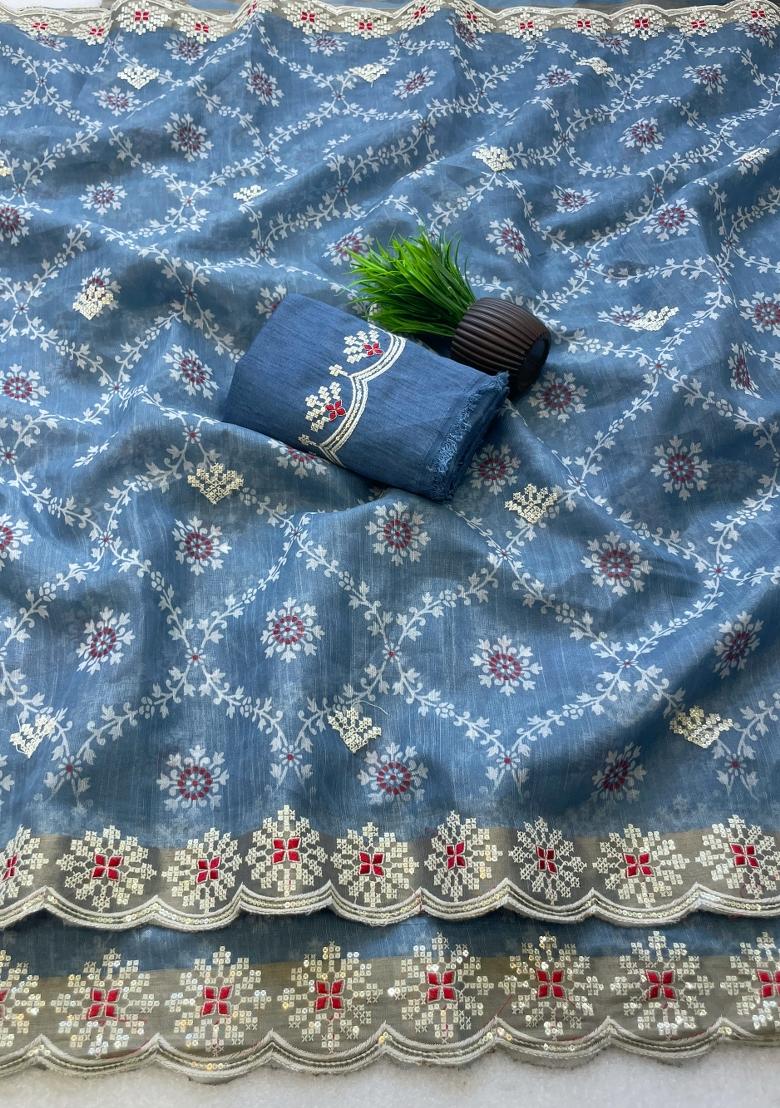 Blue Embroidered Silk Blend Saree Set - Indya