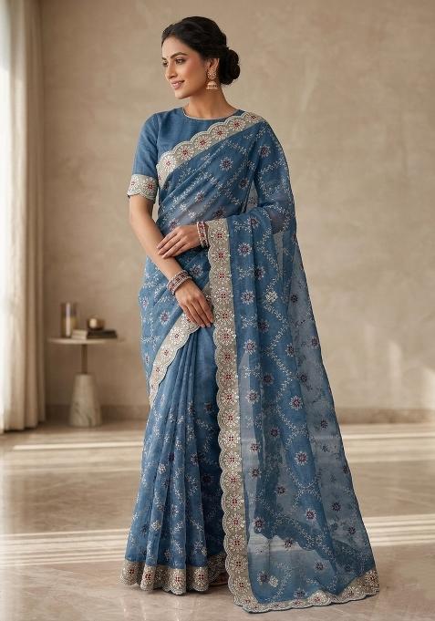 Blue Embroidered Silk Blend Saree Set