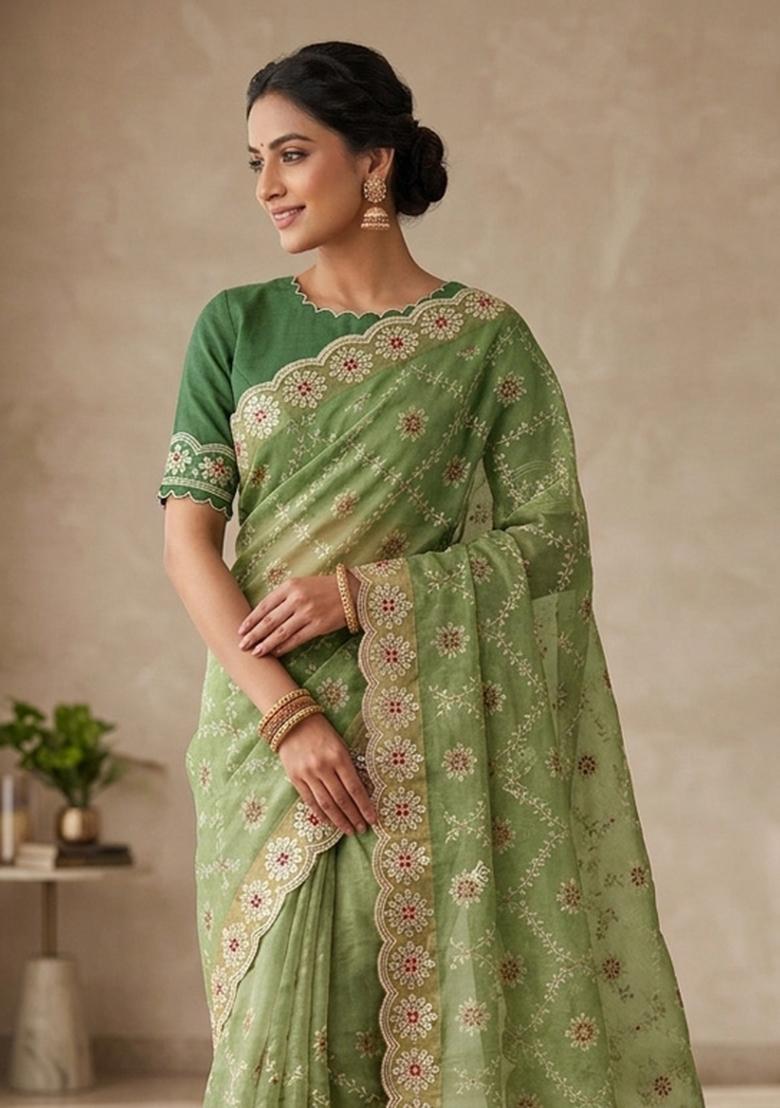 Green Embroidered Silk Blend Saree Set - Indya