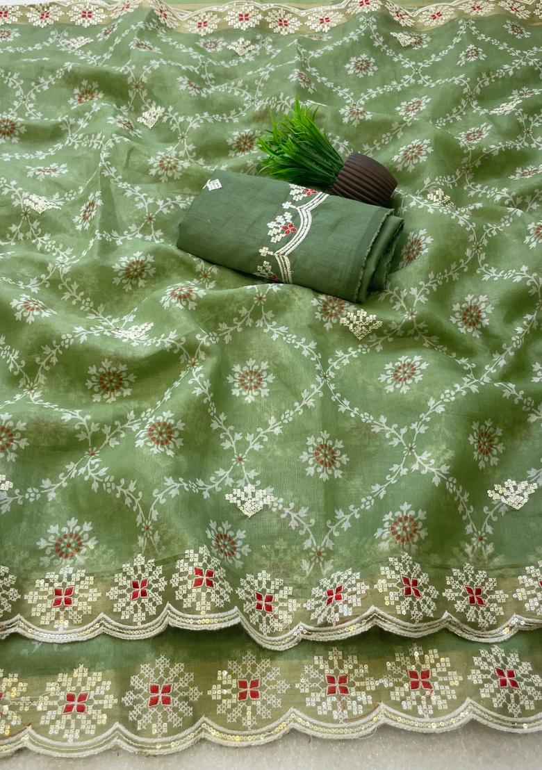 Green Embroidered Silk Blend Saree Set - Indya
