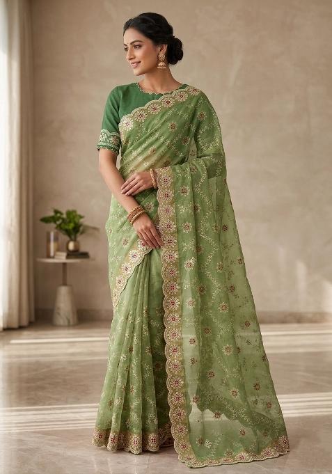 Green Embroidered Silk Blend Saree Set