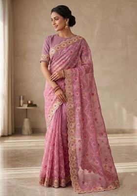 Onion Embroidered Silk Blend Saree Set