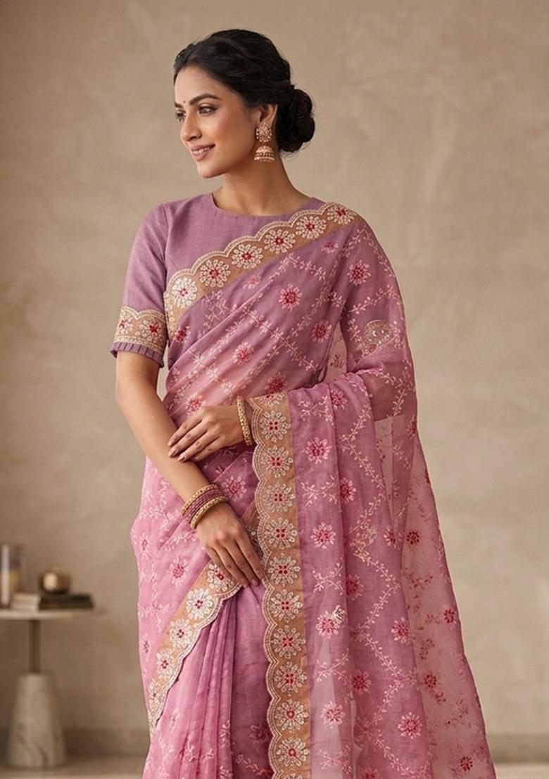 Onion Embroidered Silk Blend Saree Set - Indya