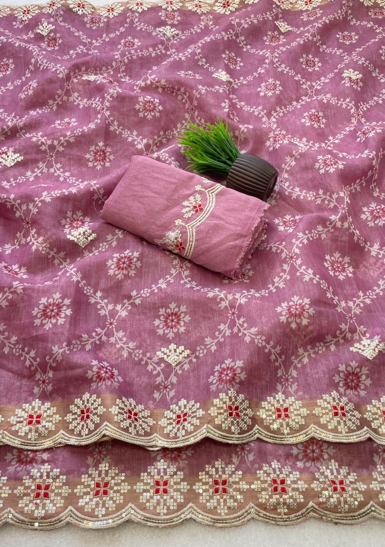 Onion Embroidered Silk Blend Saree Set - Indya