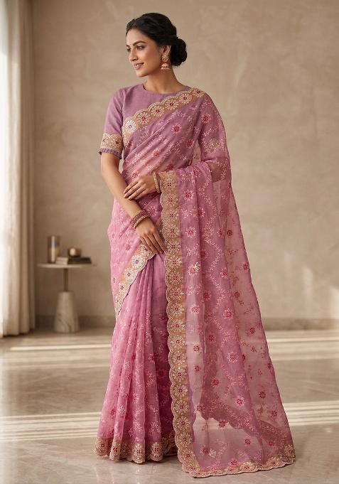 Onion Embroidered Silk Blend Saree Set