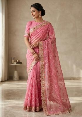 Pink Embroidered Silk Blend Saree Set