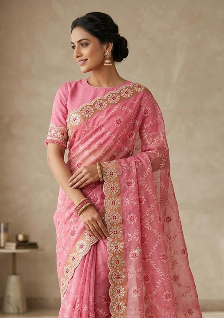 Pink Embroidered Silk Blend Saree Set - Indya