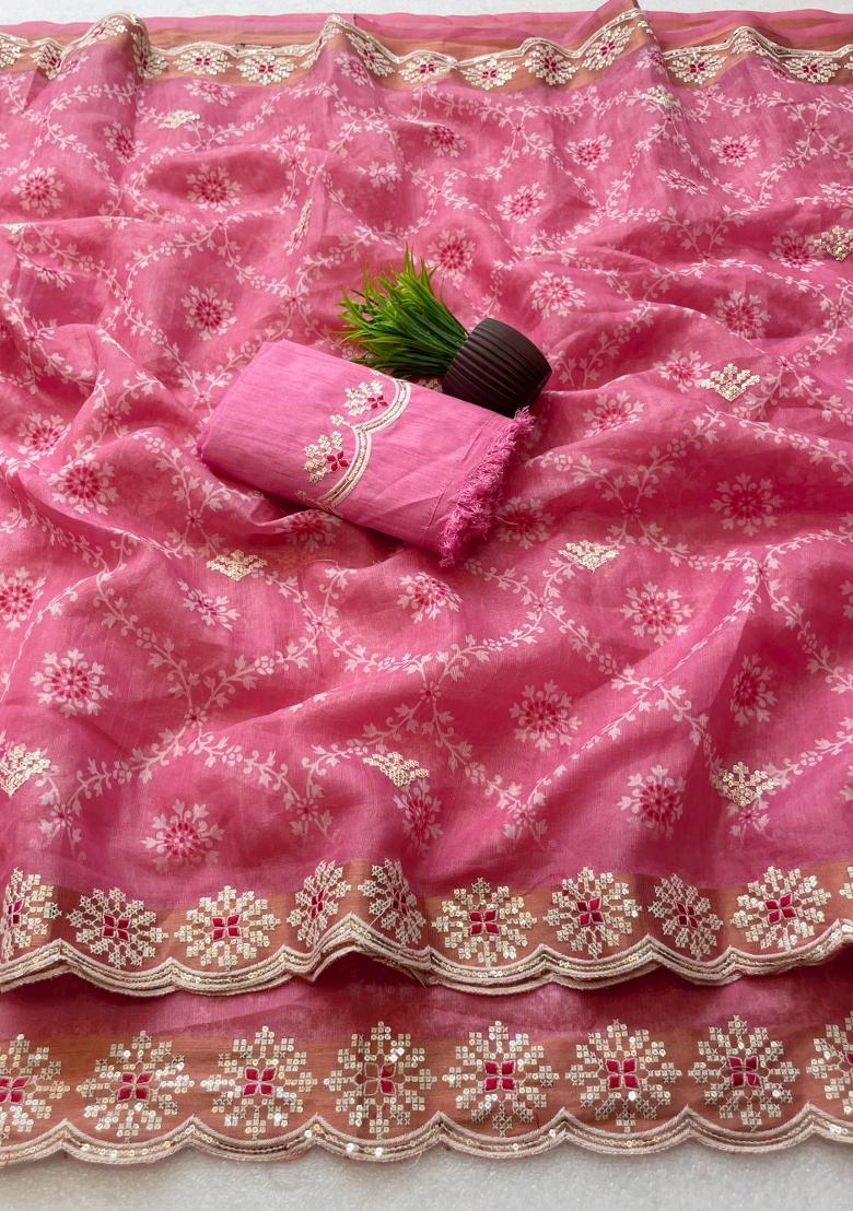 Pink Embroidered Silk Blend Saree Set - Indya