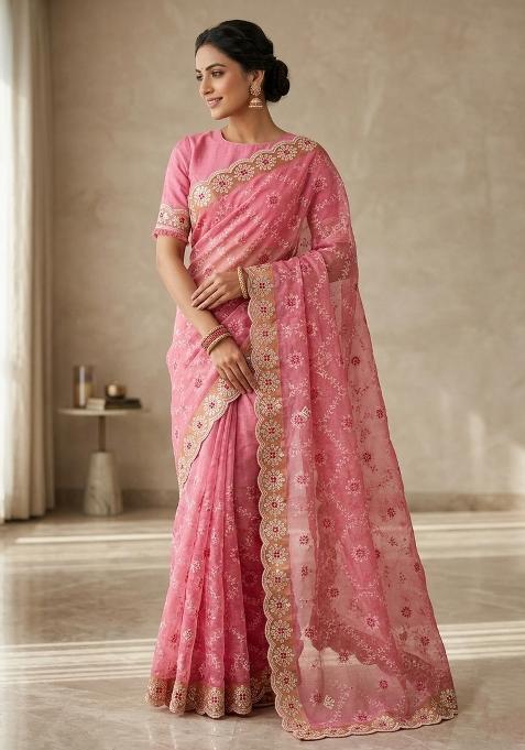 Pink Embroidered Silk Blend Saree Set