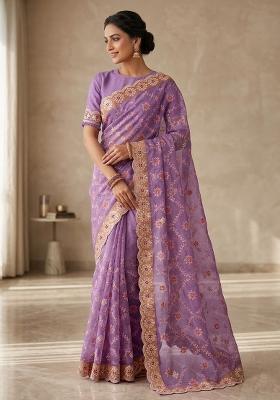 Purple Embroidered Silk Blend Saree Set
