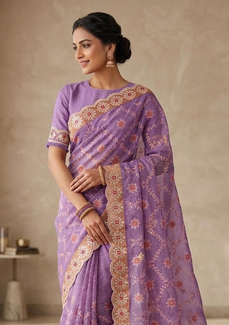Purple Embroidered Silk Blend Saree Set - Indya