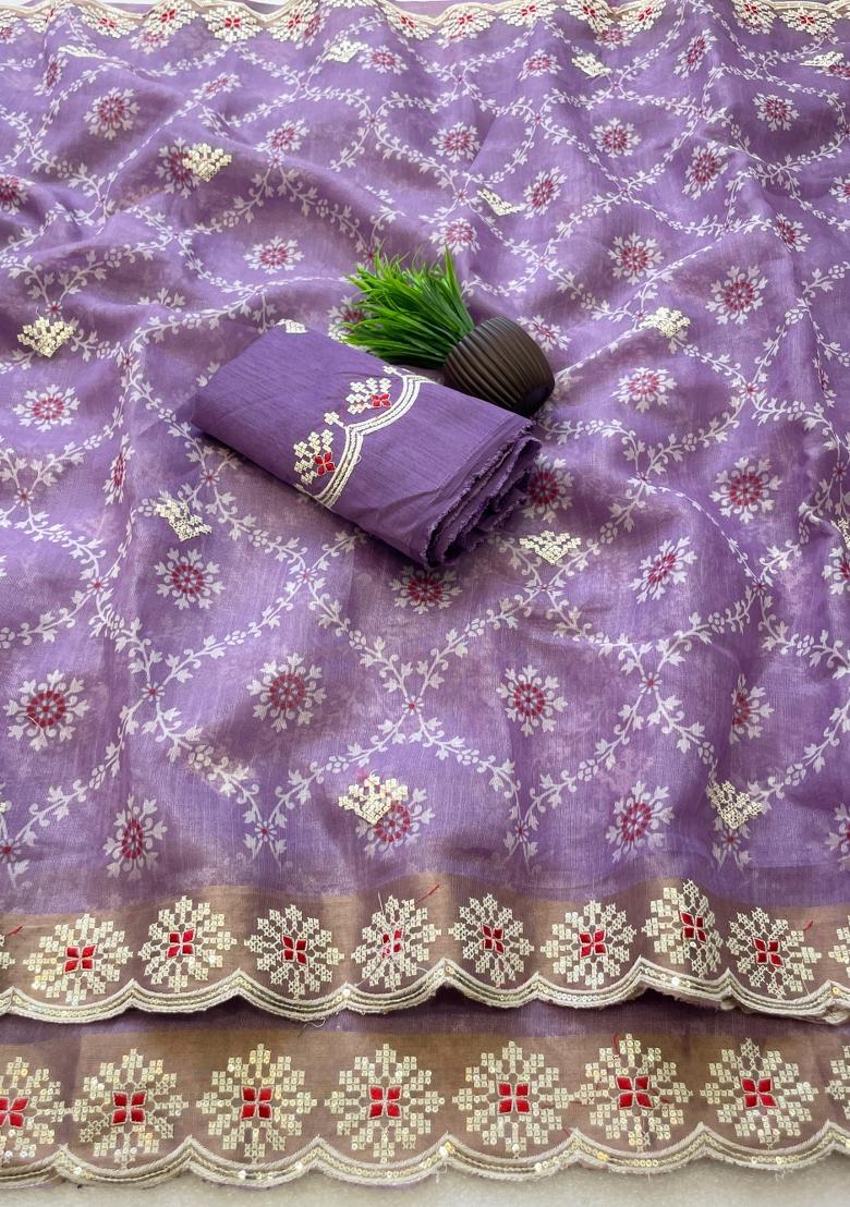 Purple Embroidered Silk Blend Saree Set - Indya