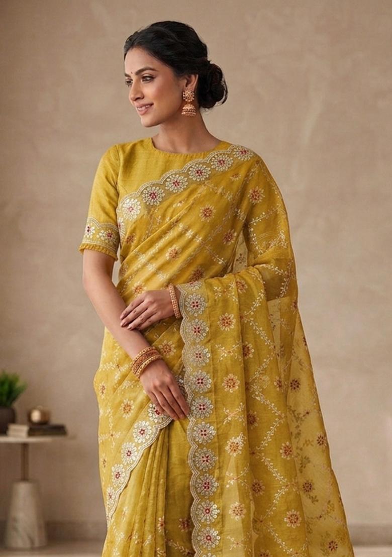Yellow Embroidered Silk Blend Saree Set - Indya