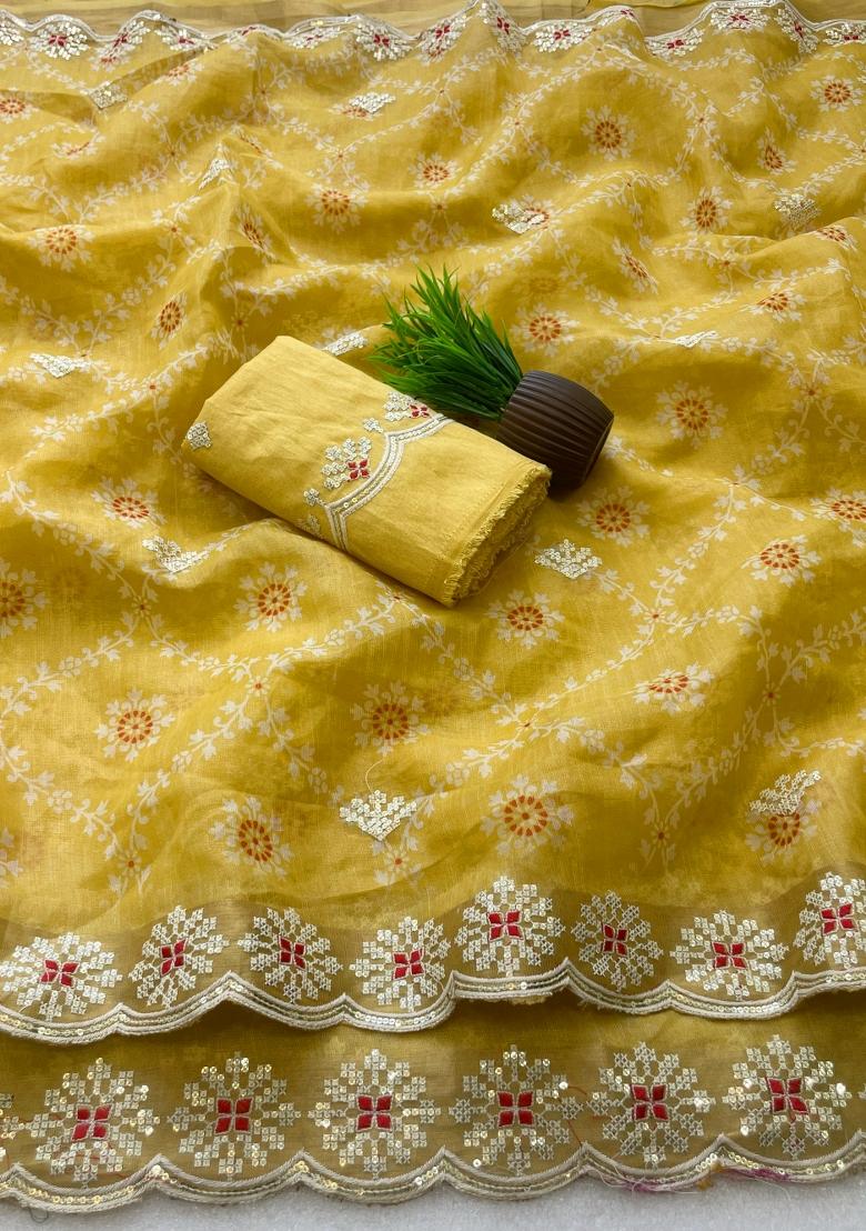 Yellow Embroidered Silk Blend Saree Set - Indya