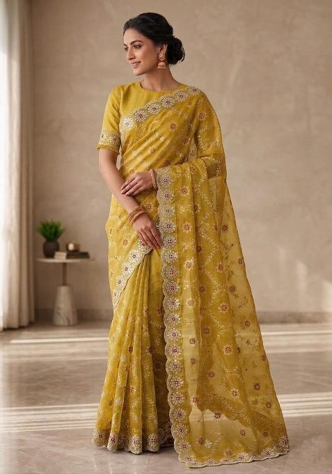 Yellow Embroidered Silk Blend Saree Set