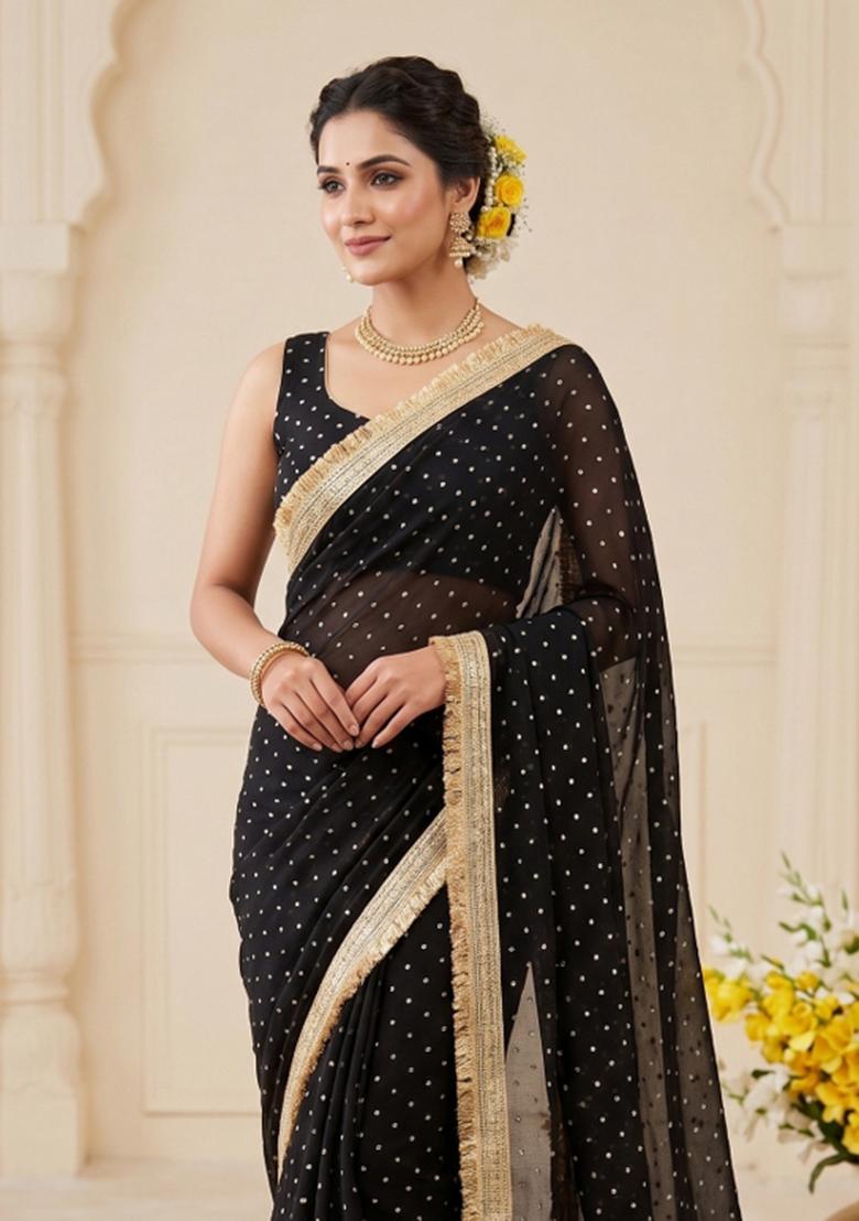 Black Zari Work Chiffon Saree Set - Indya