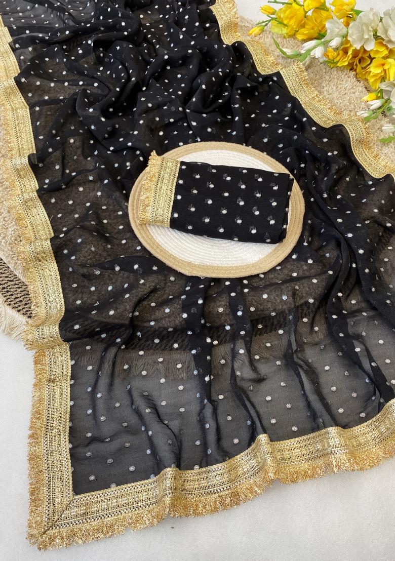 Black Zari Work Chiffon Saree Set - Indya