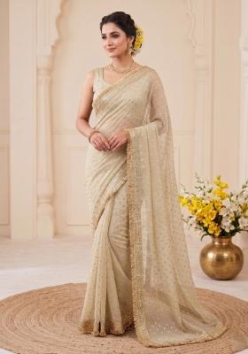 Cream Zari Work Chiffon Saree Set