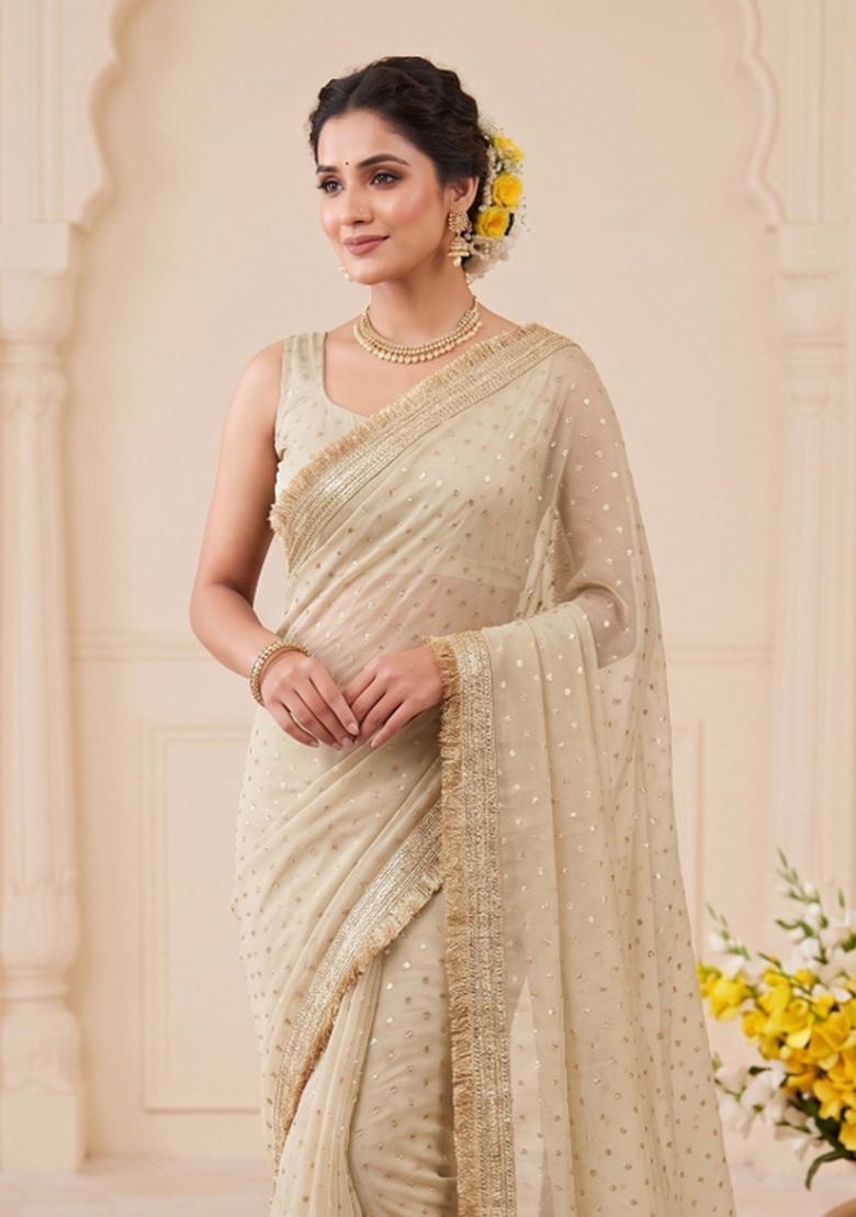 Cream Zari Work Chiffon Saree Set - Indya
