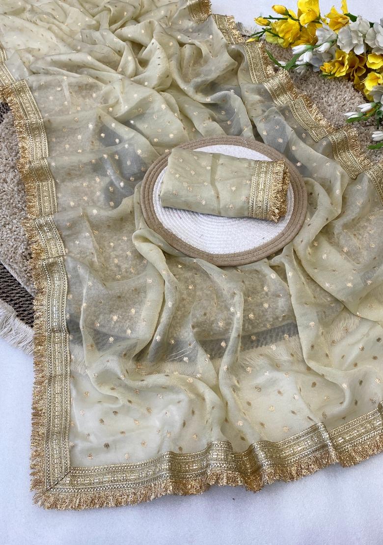 Cream Zari Work Chiffon Saree Set - Indya