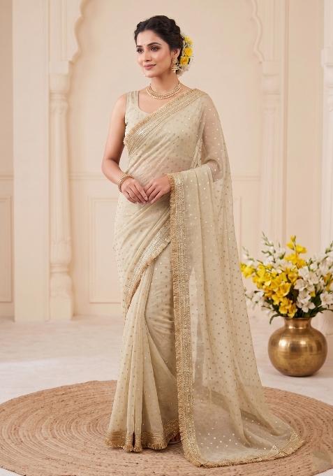 Cream Zari Work Chiffon Saree Set