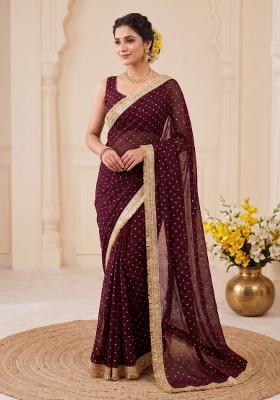Maroon Zari Work Chiffon Saree Set