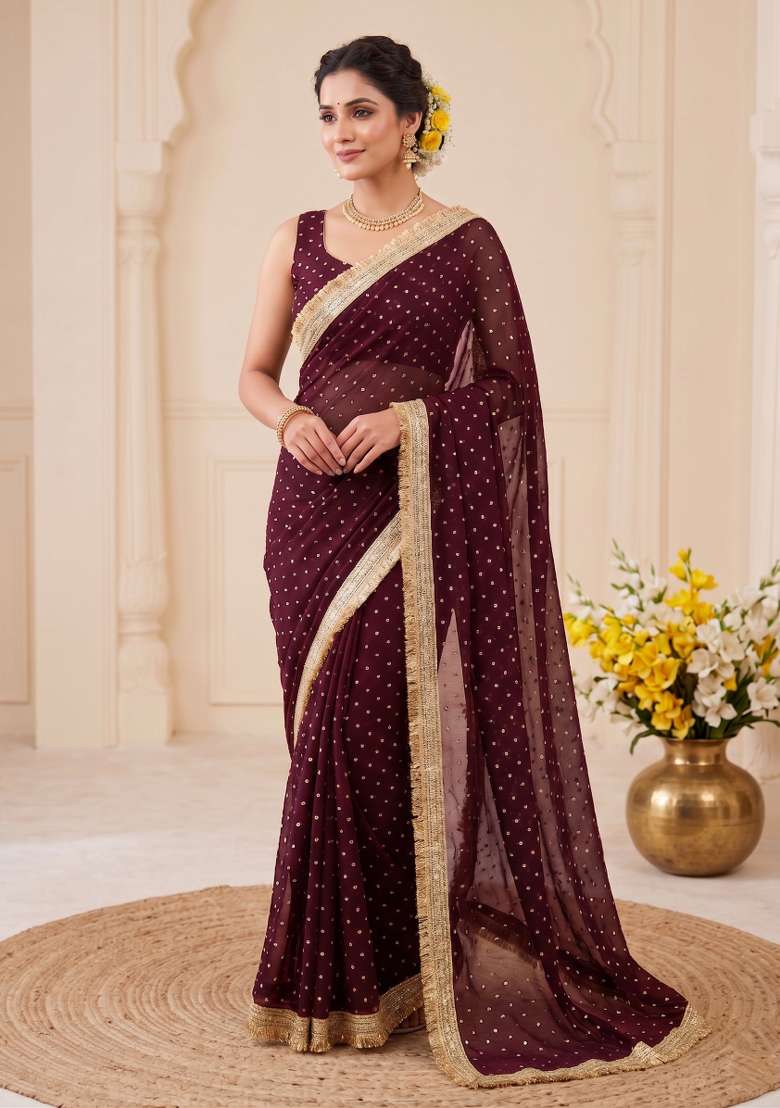 Maroon Chiffon Saree Set with Zari Work for Diwali | Wedding & Festive Wear - Indya