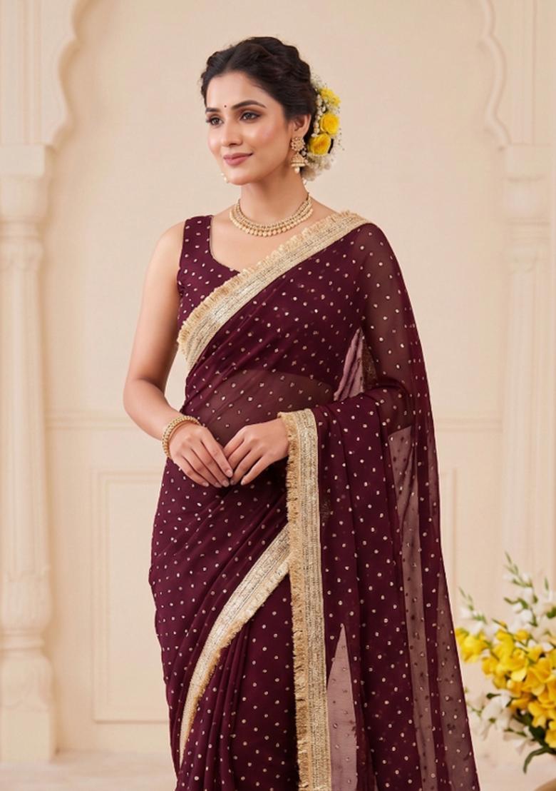 Maroon Zari Work Chiffon Saree Set - Indya