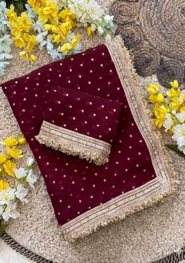 Maroon Chiffon Saree Set with Zari Work for Diwali | Wedding & Festive Wear - Indya